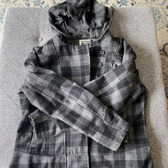 Converse Skate Board Heavy Gray Plaid Hooded Jacket Peacoat Womens XL - Picture 3 of 7